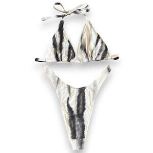 Vintage deadstock gray striped thong bikini